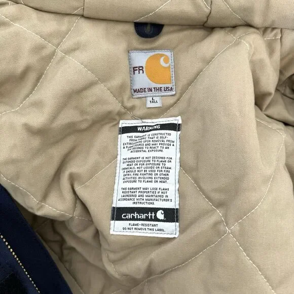 Carhartt FR Flame Resistant Duck Navy Lined Zip Hooded Jacket L Tall Vintage USA